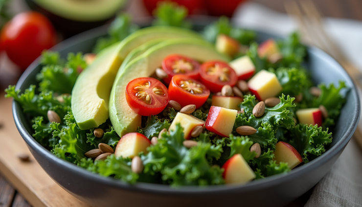 Eye-level view of a bowl filled with colorful kale salad topped with pumpkin seeds