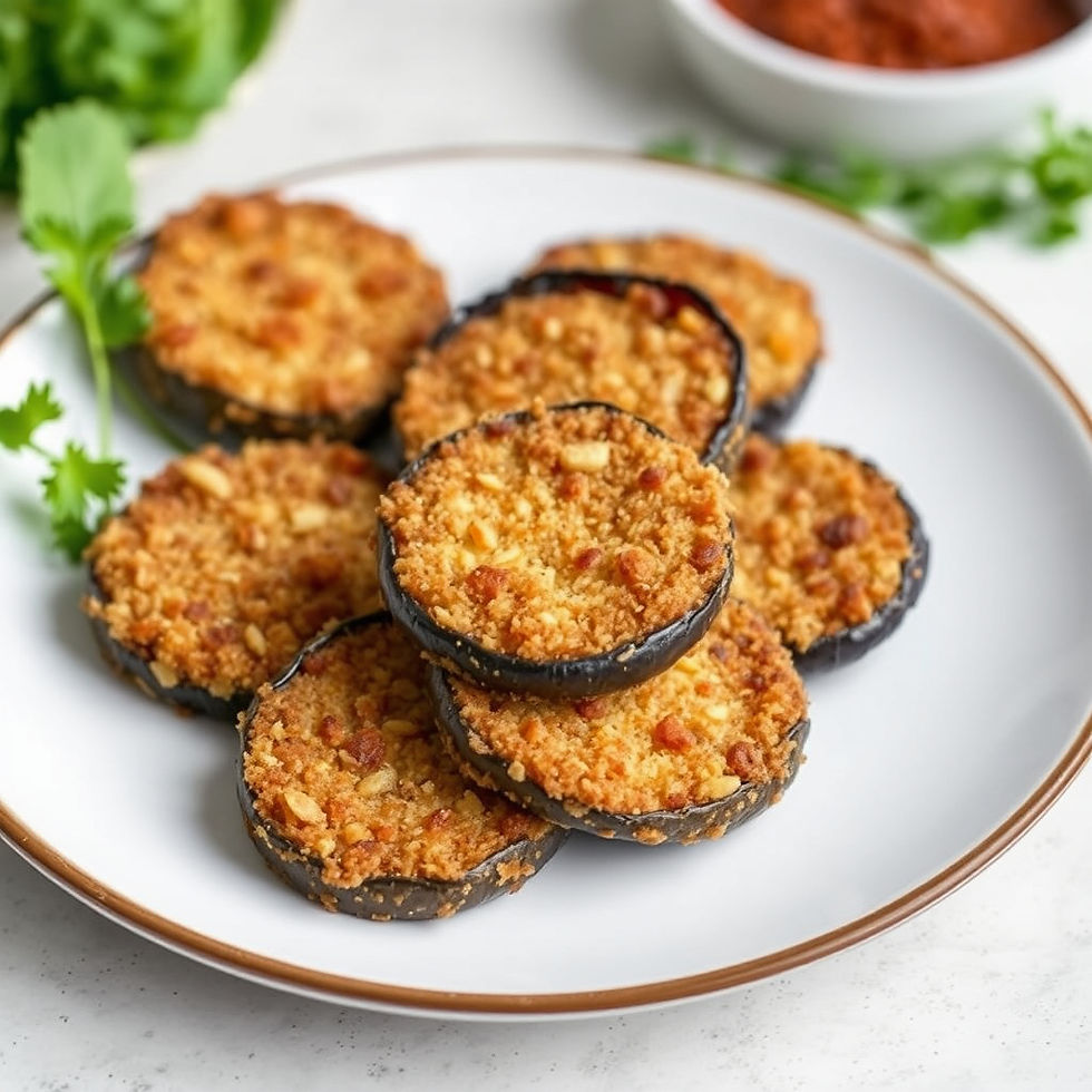 Close-up view of golden crispy eggplant rounds stacked on a white plate