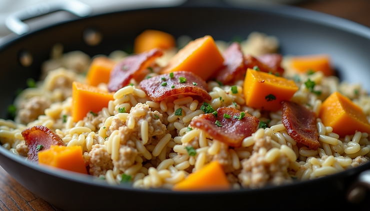 Eye-level view of a skillet filled with creamy orzo, ground chicken, crispy bacon, and roasted butternut squash