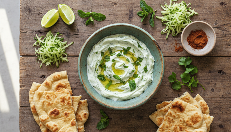 Overhead view of cucumber mint yogurt dip in a ceramic bowl with fresh herbs on a wooden table.
