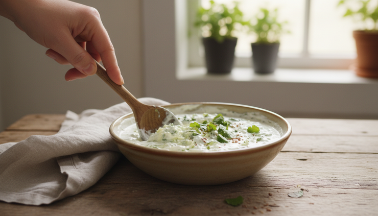Eye-level view of a hand stirring cucumber mint yogurt dip with a wooden spoon in a rustic kitchen bowl.
