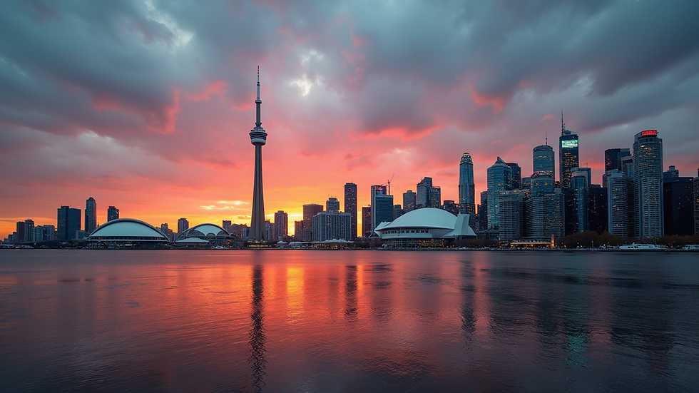 Eye-level view of Toronto skyline with CN Tower at sunset