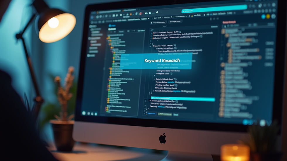 Eye-level view of a computer screen displaying keyword research tools