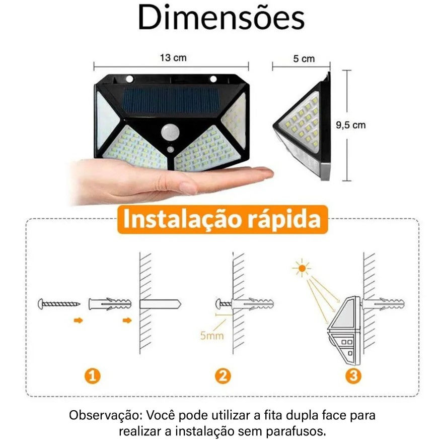 Miniatura: Arandela Solar 100 Leds com Sensor de Presença 600 Lúmens 3 Funções