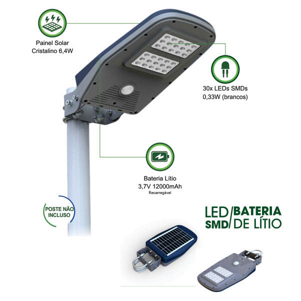Miniatura: Luminária Solar 1.000 Lúmens All-in-One para poste de 2 a 3 m