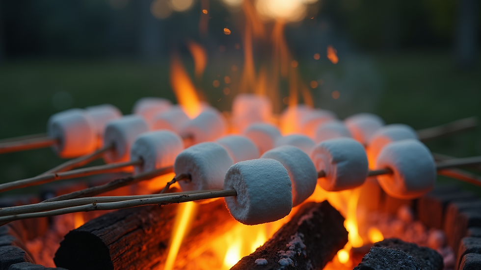 Close-up view of marshmallows roasting over a campfire
