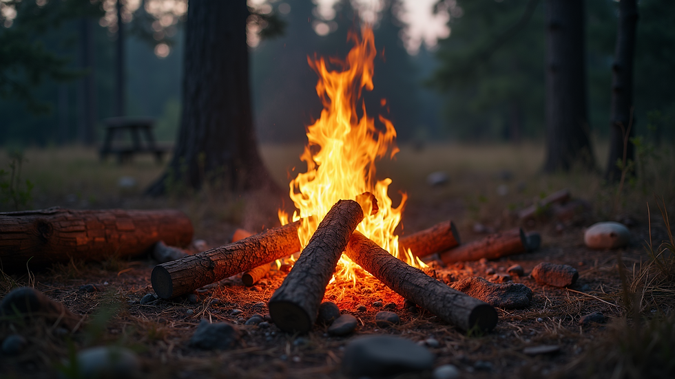 Eye-level view of a glowing campfire surrounded by logs