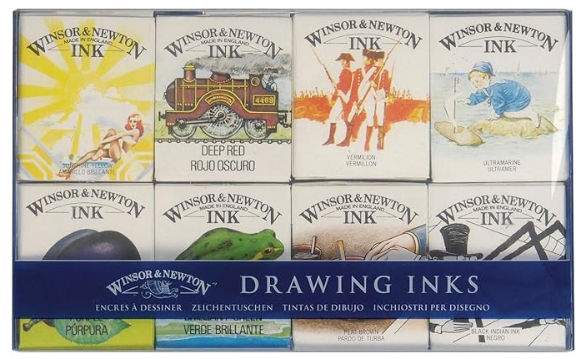 Close-up view of vibrant watercolor ink bottles arranged on a wooden table