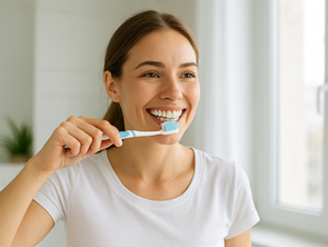 Mujer cuidando su salud bucal para lograr una sonrisa blanca y saludable.
