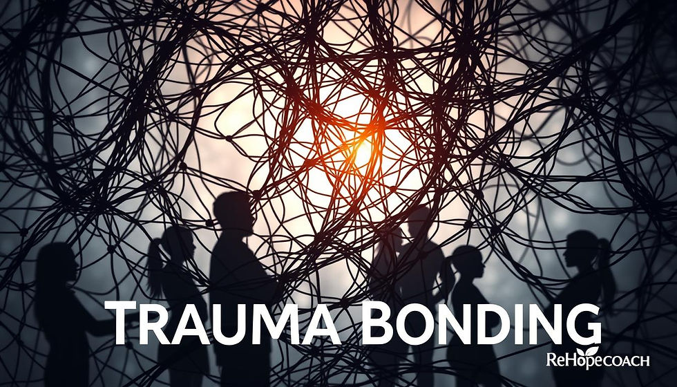 A visual representation of trauma bonding, showing a tangled web of dark and light threads intertwining, symbolizing the complexities of pain and healing. In the background, silhouettes of diverse individuals are connected through these threads, with expressions of struggle and resilience. Soft light filters through the web, highlighting moments of support and connection amidst the chaos. The atmosphere evokes a sense of deep emotional conflict and hope for recovery. ReHope Coach - Trauma Coach.