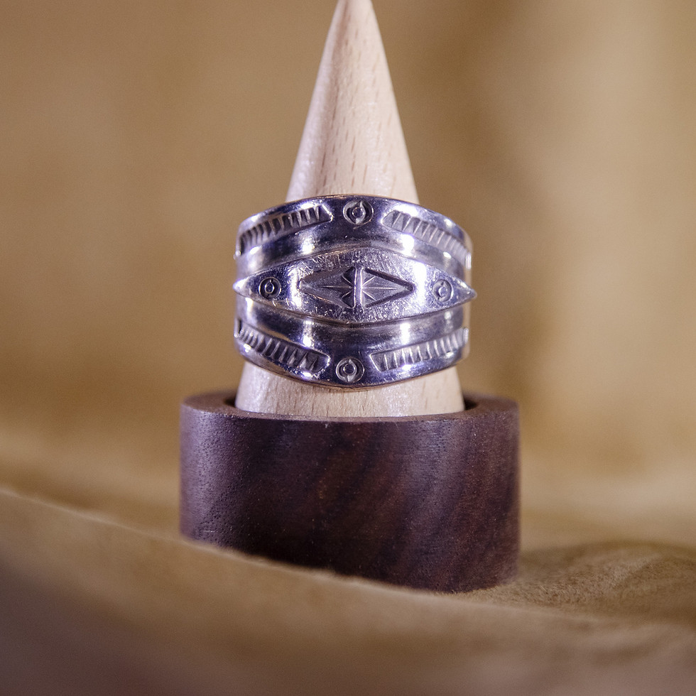 Heavy Navajo Sterling Silver Stamped Arrow Ring — Signed G. Joechemi — Front View