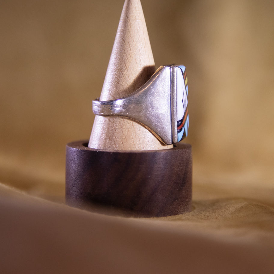 Raymond Bobelu (Zuni) Channel Inlay Ring — Coral, Turquoise, Onyx & M of Pearl Side View