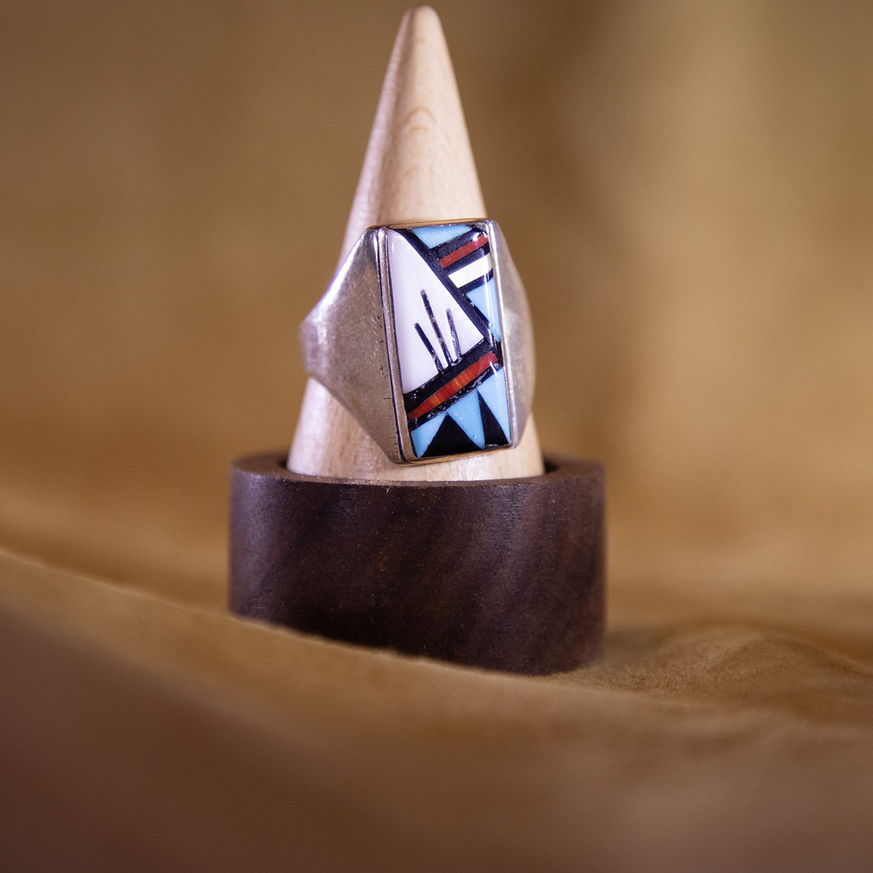 Raymond Bobelu (Zuni) Channel Inlay Ring — Coral, Turquoise, Onyx & M of Pearl Front View