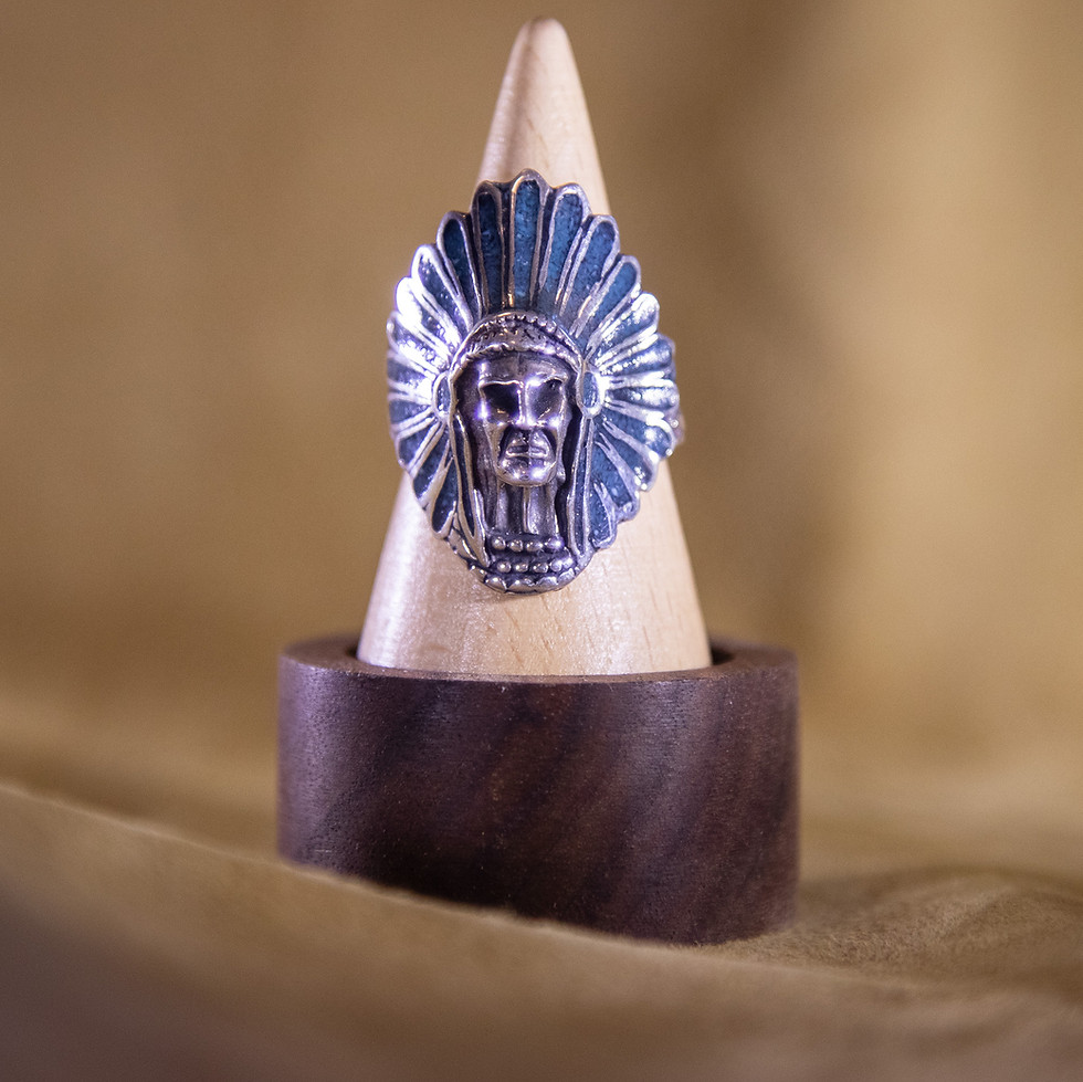USA Sterling Chief Ring — Crushed Turquoise Chip Inlay — Front View