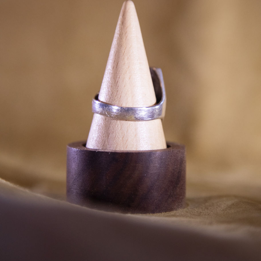 Raymond Bobelu (Zuni) Channel Inlay Ring — Coral, Turquoise, Onyx & M of Pearl Back View