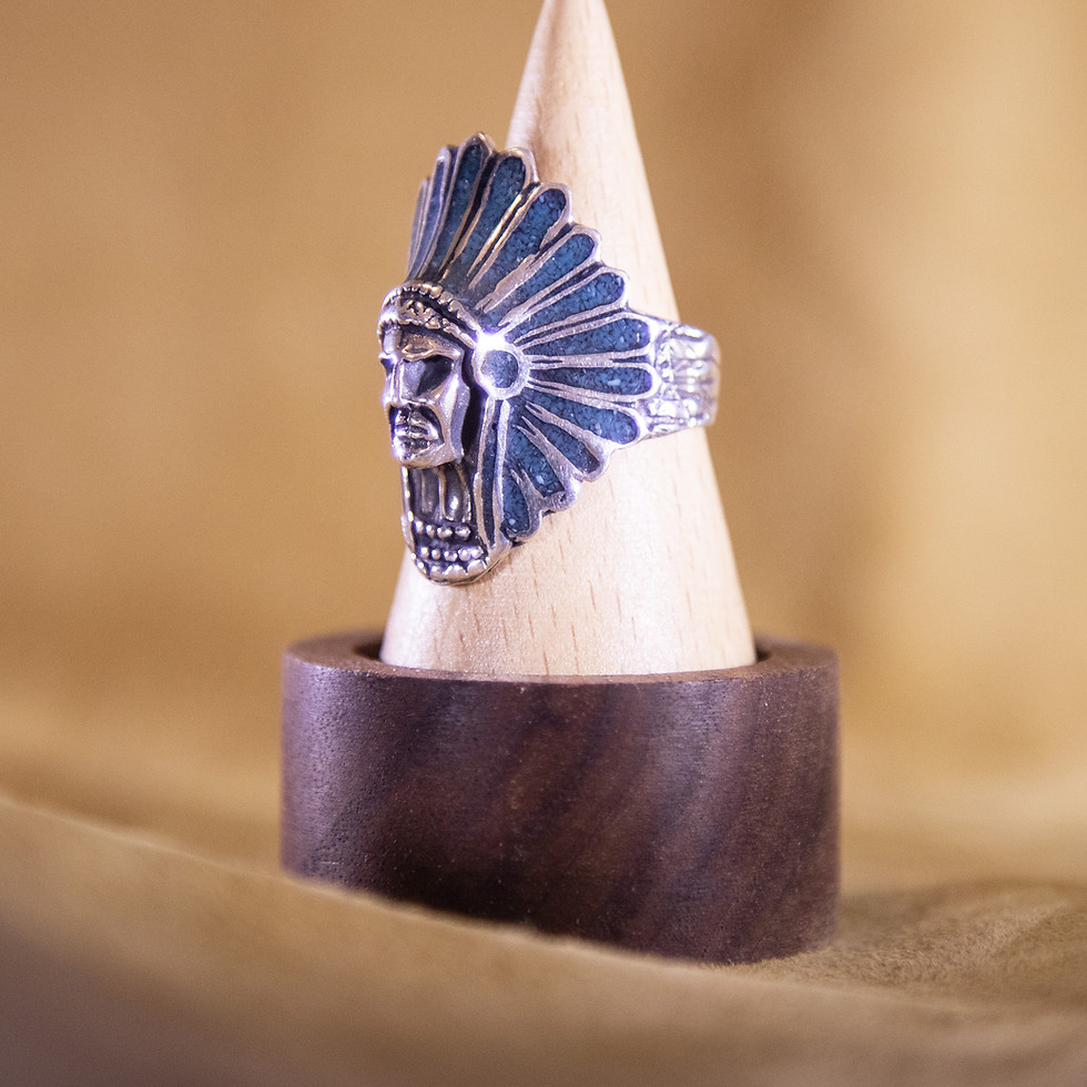 USA Sterling Chief Ring — Crushed Turquoise Chip Inlay — Front/Right Side View