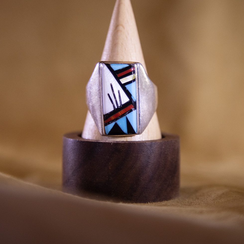 Raymond Bobelu (Zuni) Channel Inlay Ring — Coral, Turquoise, Onyx & M of Pearl Front View