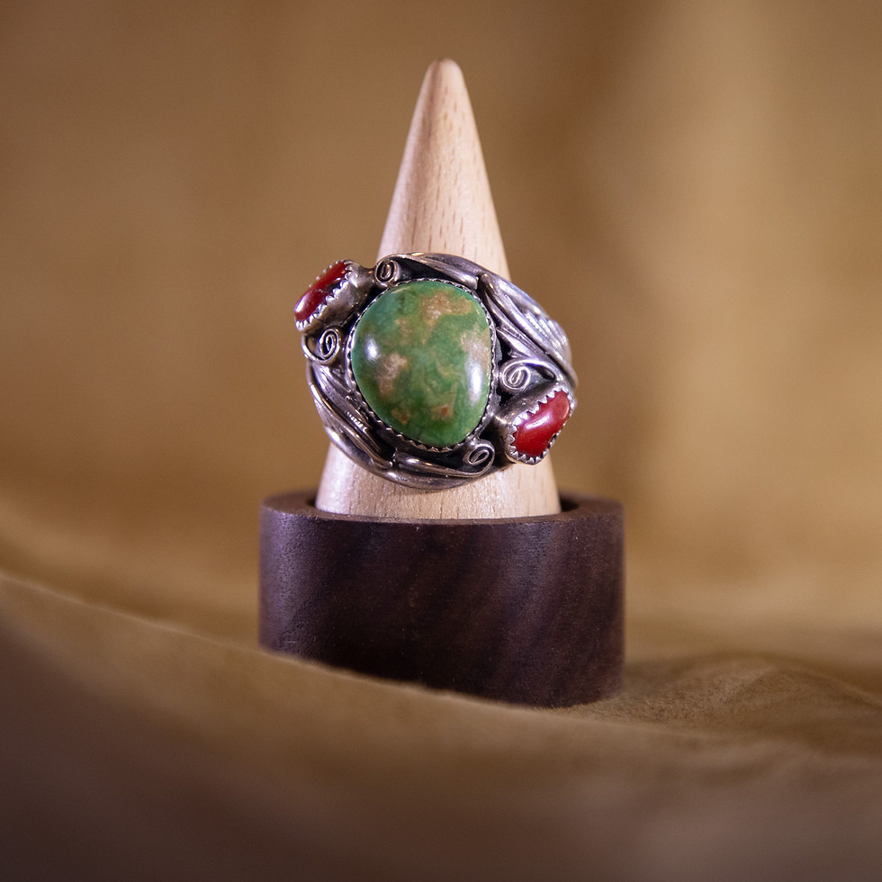 Heavy Sterling Navajo Ring — Green Turquoise & Coral — Running Bear Mark — Front View