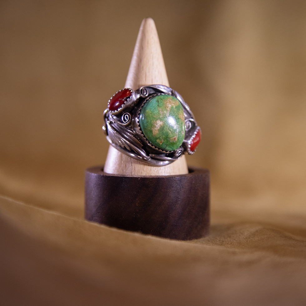 Heavy Sterling Navajo Ring — Green Turquoise & Coral — Running Bear Mark — Front View