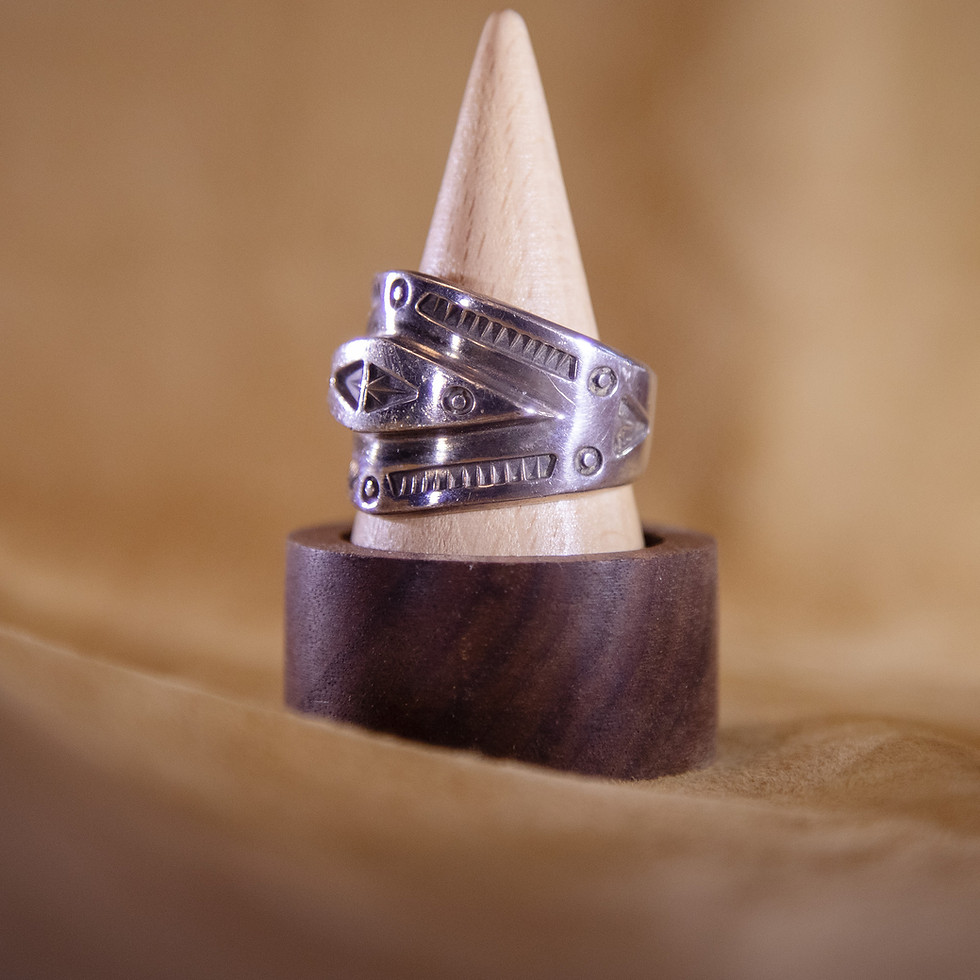 Heavy Navajo Sterling Silver Stamped Arrow Ring — Signed G. Joechemi — Front/Side View