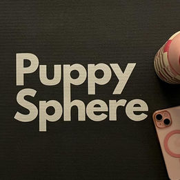 a black yoga mat with the Puppy Sphere printed on it in white, a pink water bottle and phone show, too