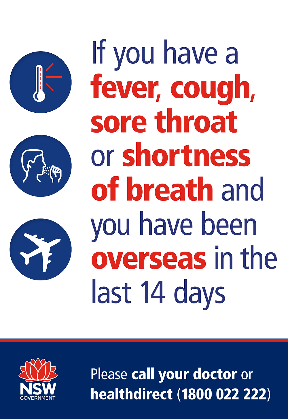 Poster with warning: if you have a symptoms of COVID-19 you should call your doctor or health direct