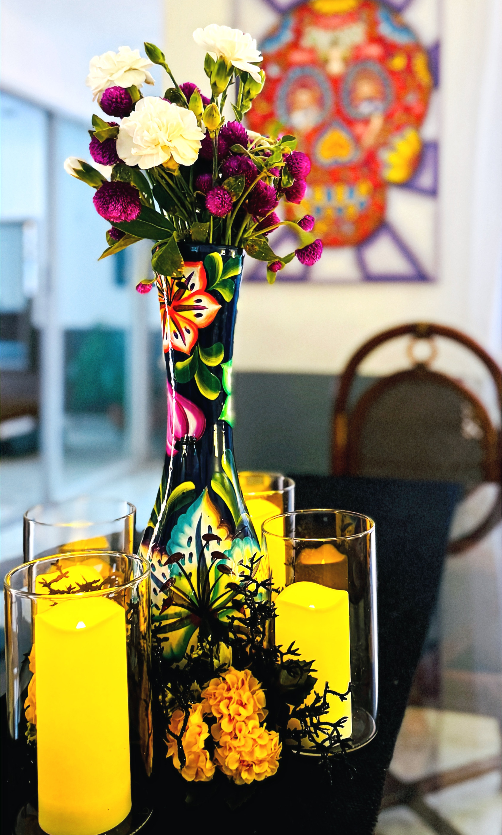 Communal breakfast table at Los Colores de Mérida B&B decorated for Festival de las Ánimas