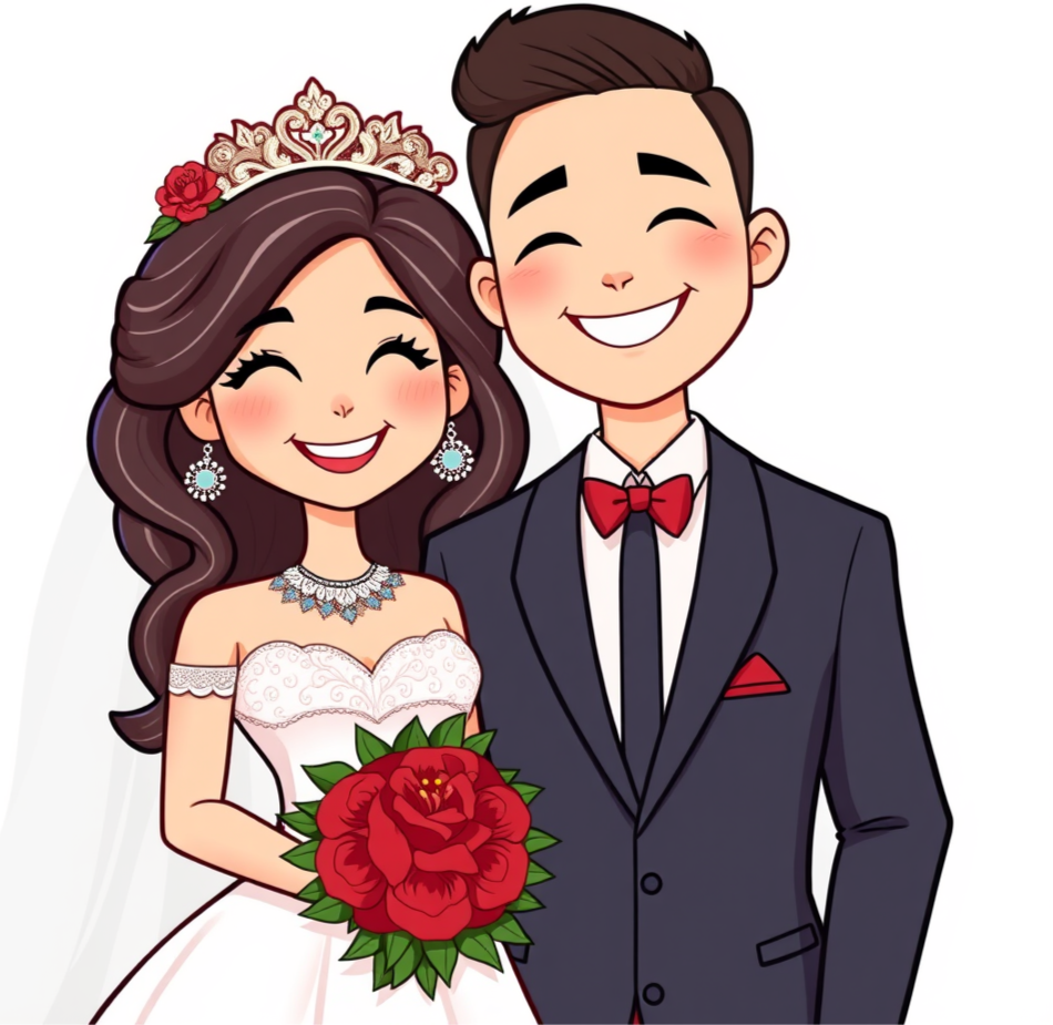 Illustration of a happy, young Asian bride and groom, standing together.