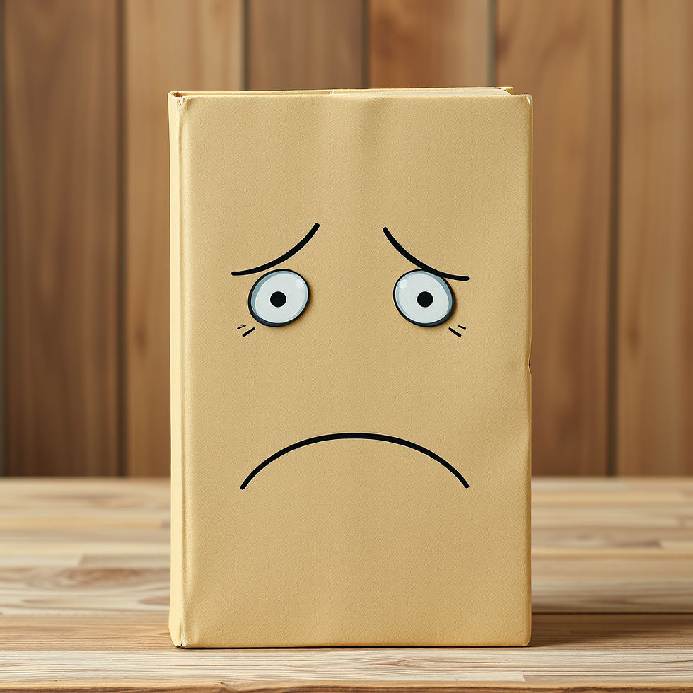 Illustration of a brown-colored book with a sad cartoon face