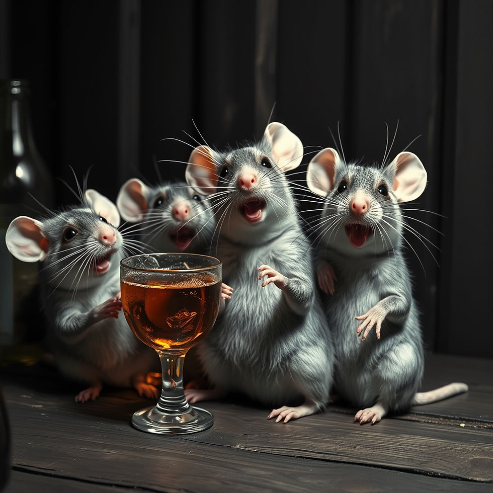 Four mice pose before a glass of amber-colored alcohol