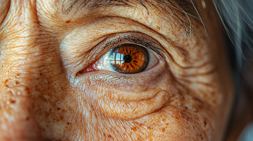 A close-up shot of the left eye of an elderly Asian woman