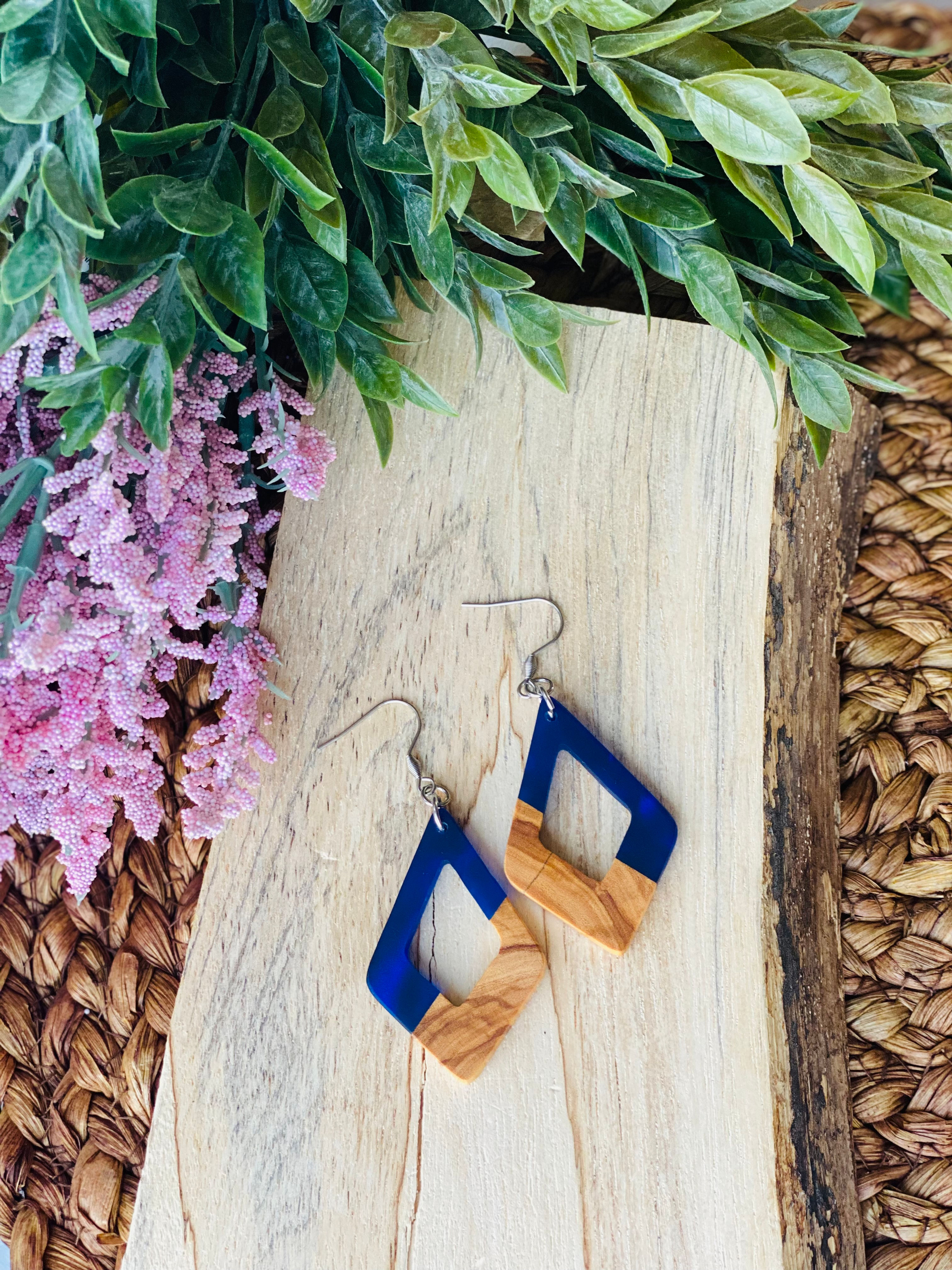 Olive Wood & Ocean Earrings 