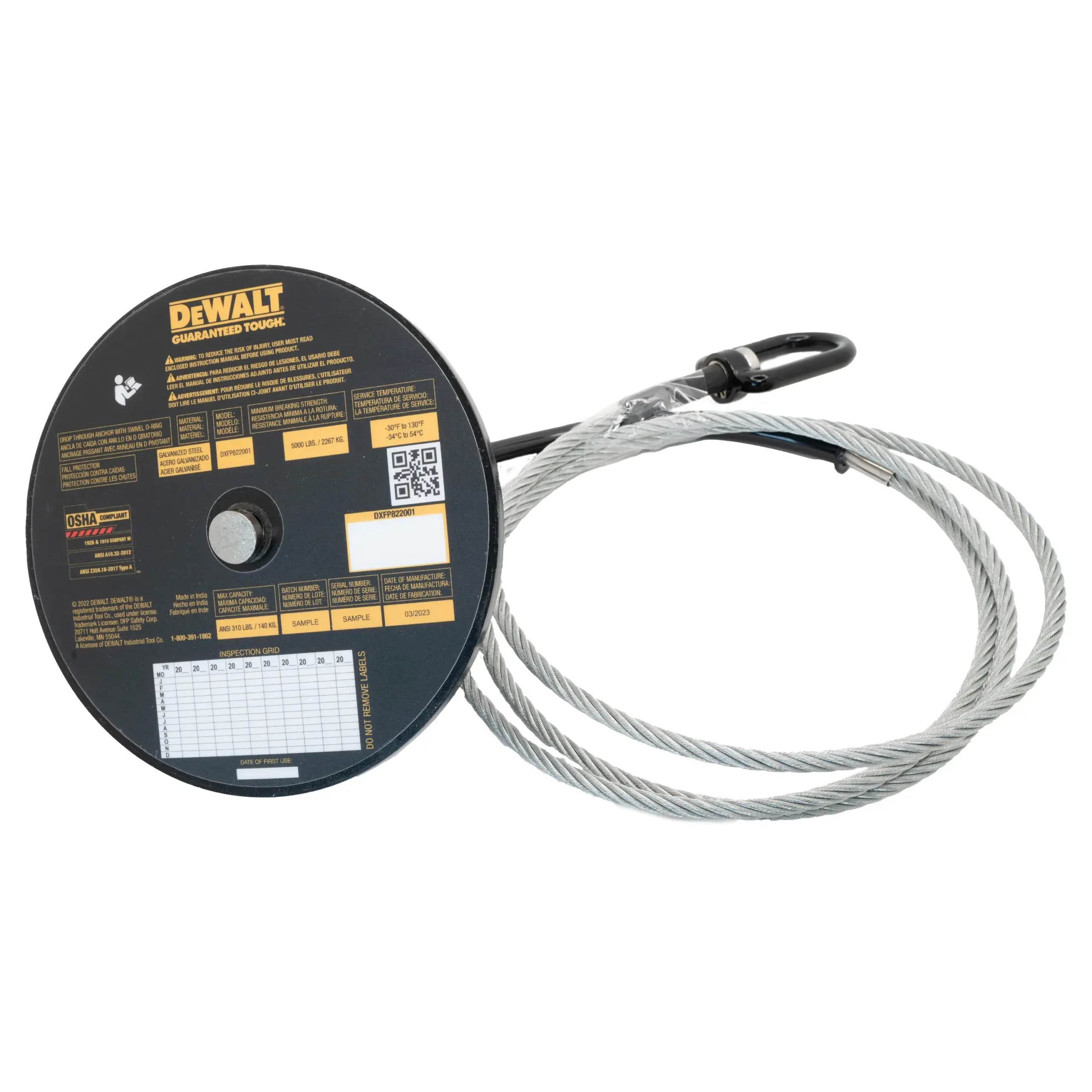 DEWALT Drop Through Anchor with 6" Plate and 6' Cable