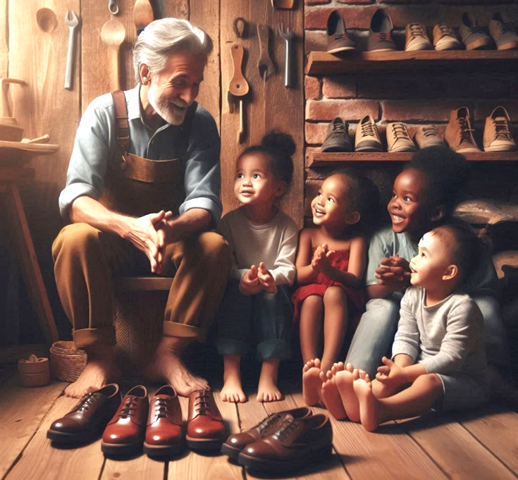 shoe cobbler sitting with 4 children telling a story.