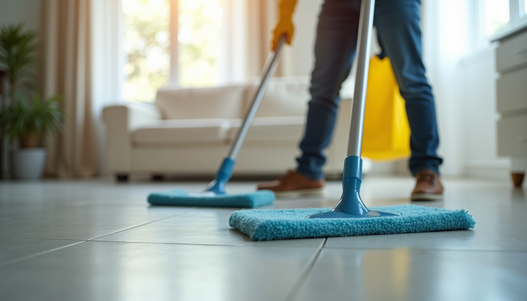 منظر قريب لخدمة تنظيف منزلية شاملة مع معدات التنظيف الحديثة