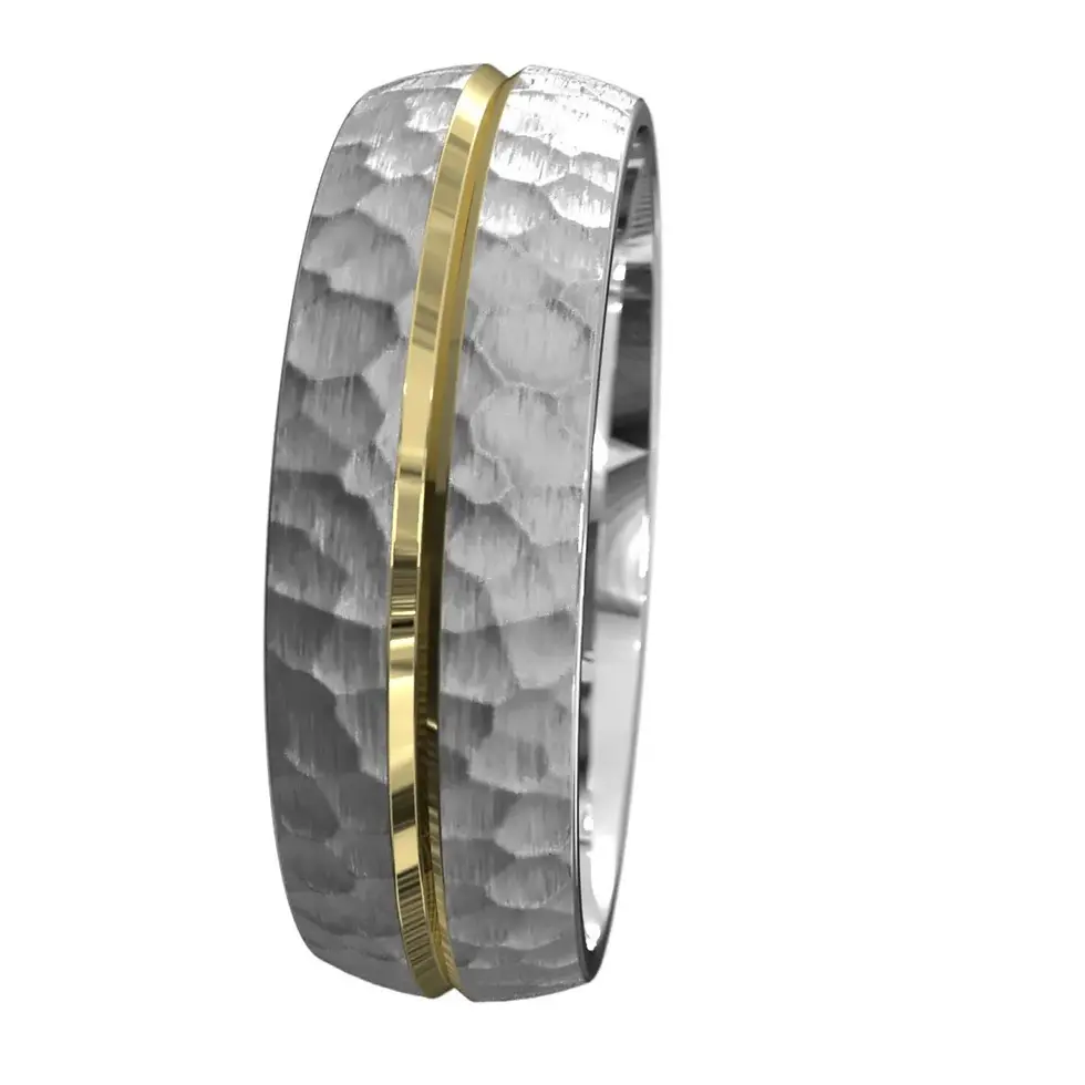 Thumbnail: Polished edge 9ct white gold hammered texture wedding band