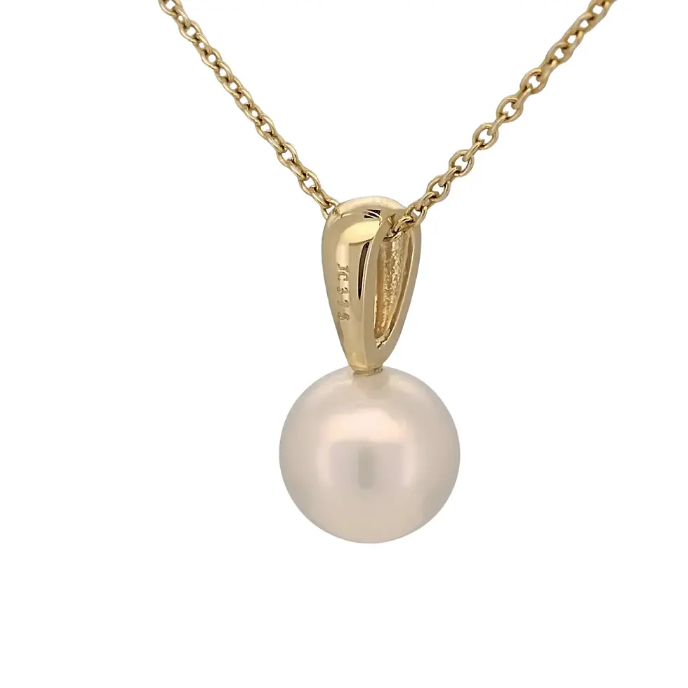Thumbnail: Side angle of 9ct yellow gold pendant with freshwater pearl drop.
