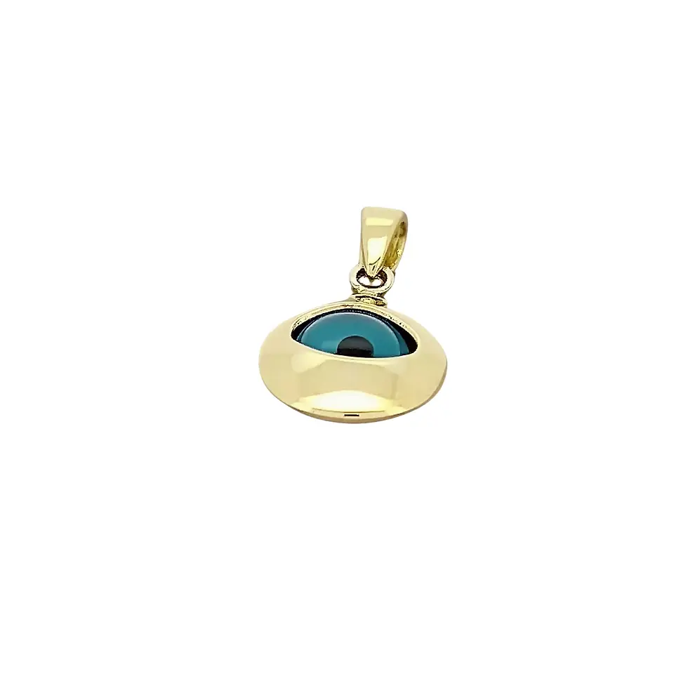 Thumbnail: Flat view of 9ct yellow gold pendant with blue enamel evil eye
