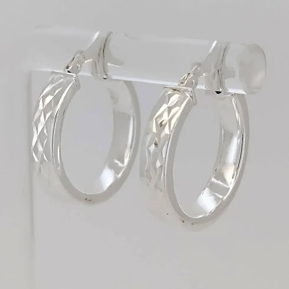 Thumbnail: Angled view of sterling silver 19mm hoop earrings with shimmering facets.
