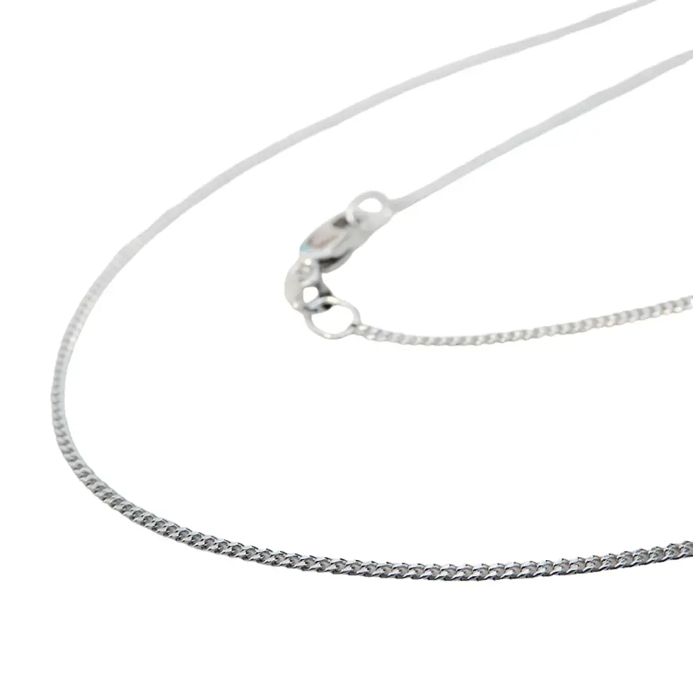 9ct white gold 1mm curb chain necklace close-up with lobster clasp