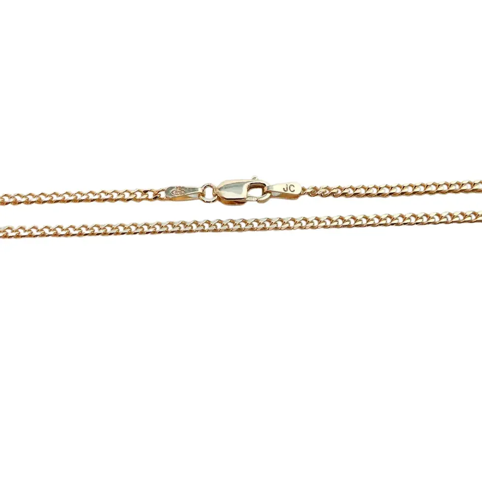 9ct yellow gold 2.1mm curb chain necklace close-up with lobster clasp fastening