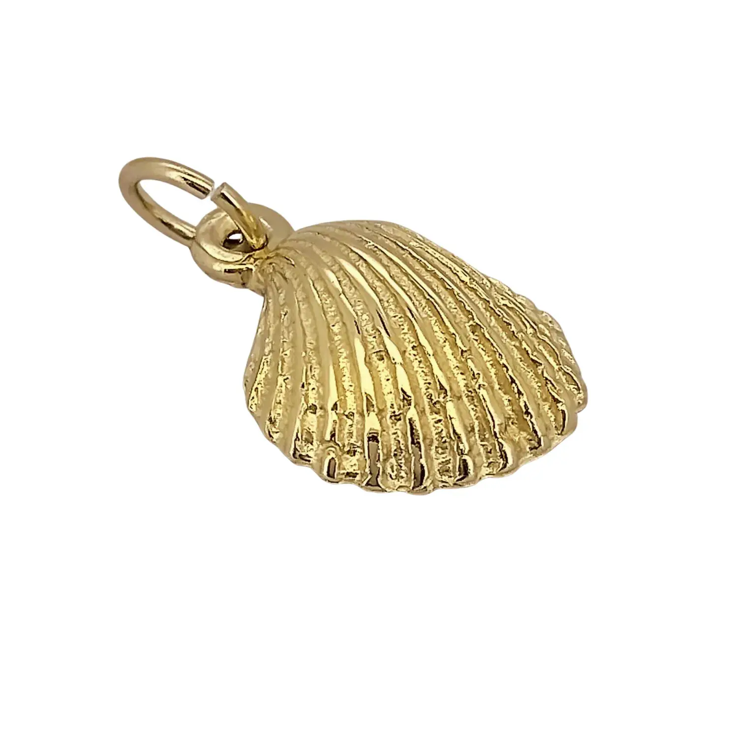 Close-up of 9ct yellow gold seashell pendant with textured ridges on white background