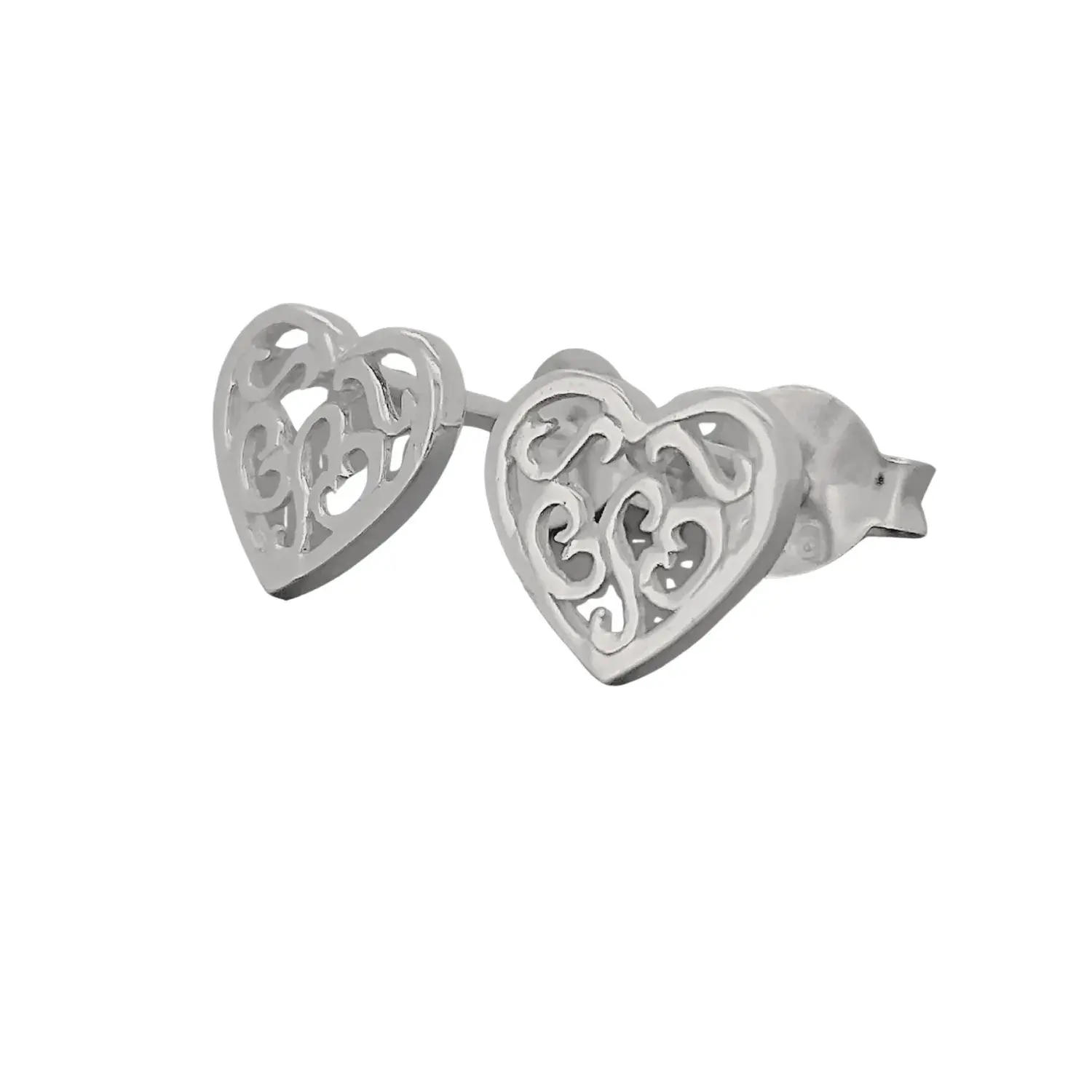 Sterling silver filigree heart stud earrings with butterfly backs