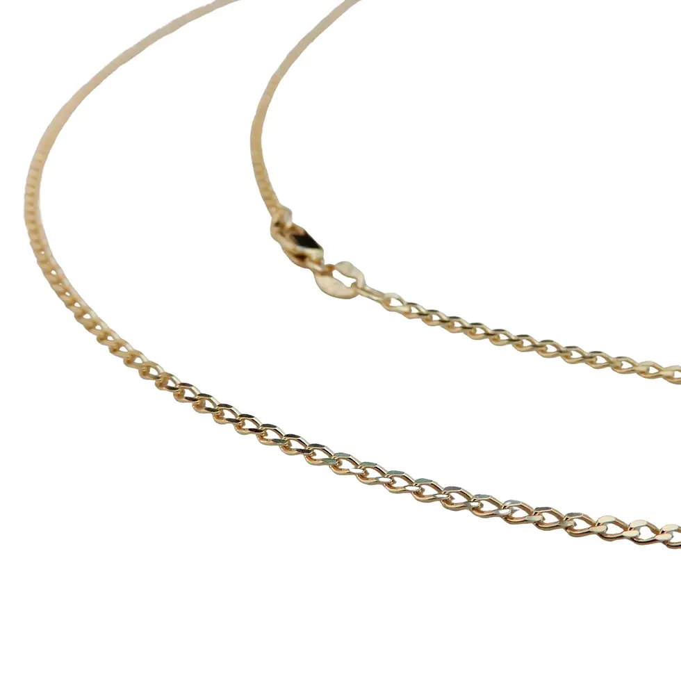 Solid 9ct yellow gold curb chain necklace on white background