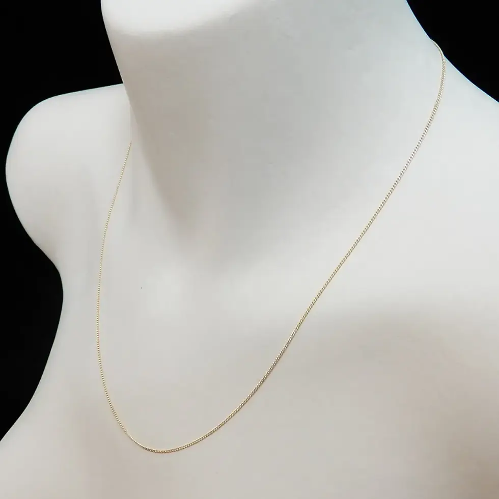 9ct yellow gold 1mm curb chain necklace displayed on mannequin bust