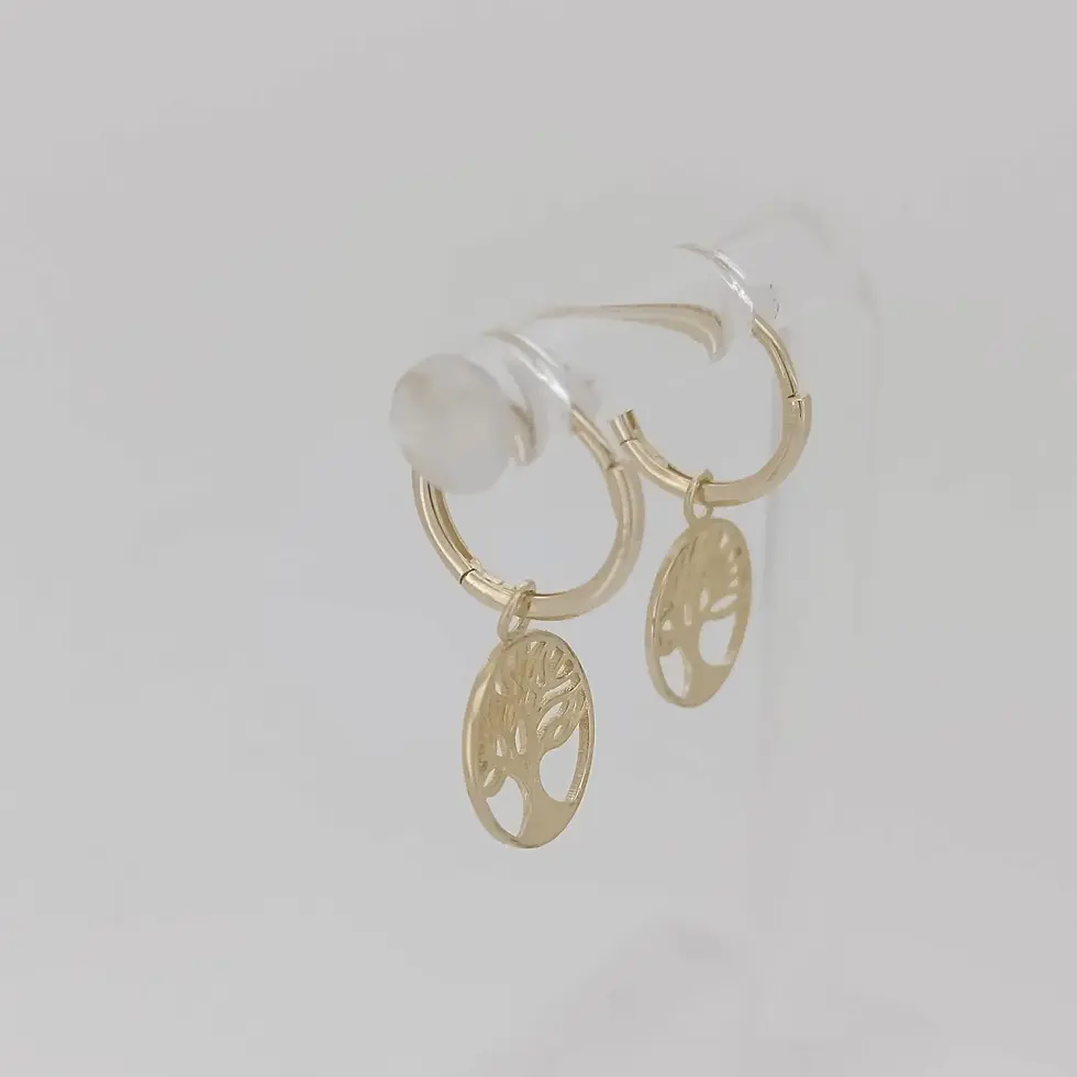Thumbnail: Angled view of 9ct yellow gold Tree of Life charm huggies with polished finish.