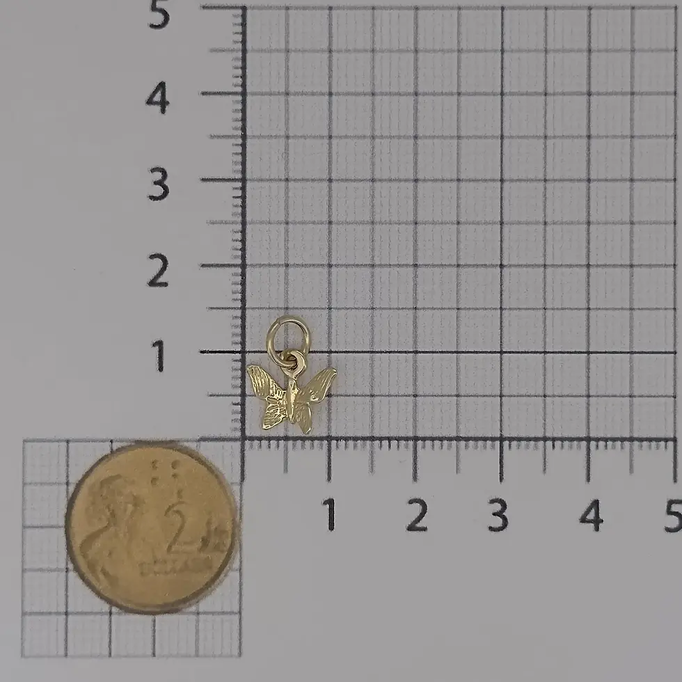 Thumbnail: 9ct yellow gold butterfly charm shown next to ruler and coin for scale