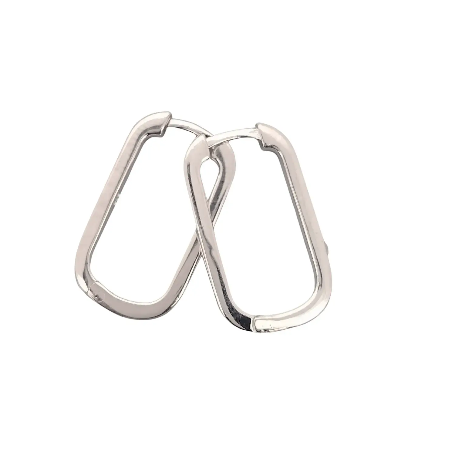 Pair of sterling silver 20mm rectangular slim huggie earrings, polished finish.