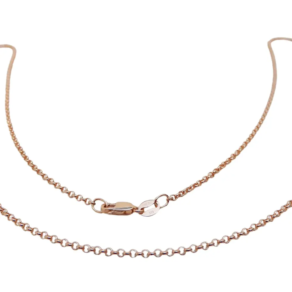 Fine rose gold belcher chain necklace shown curved with lobster clasp fastening