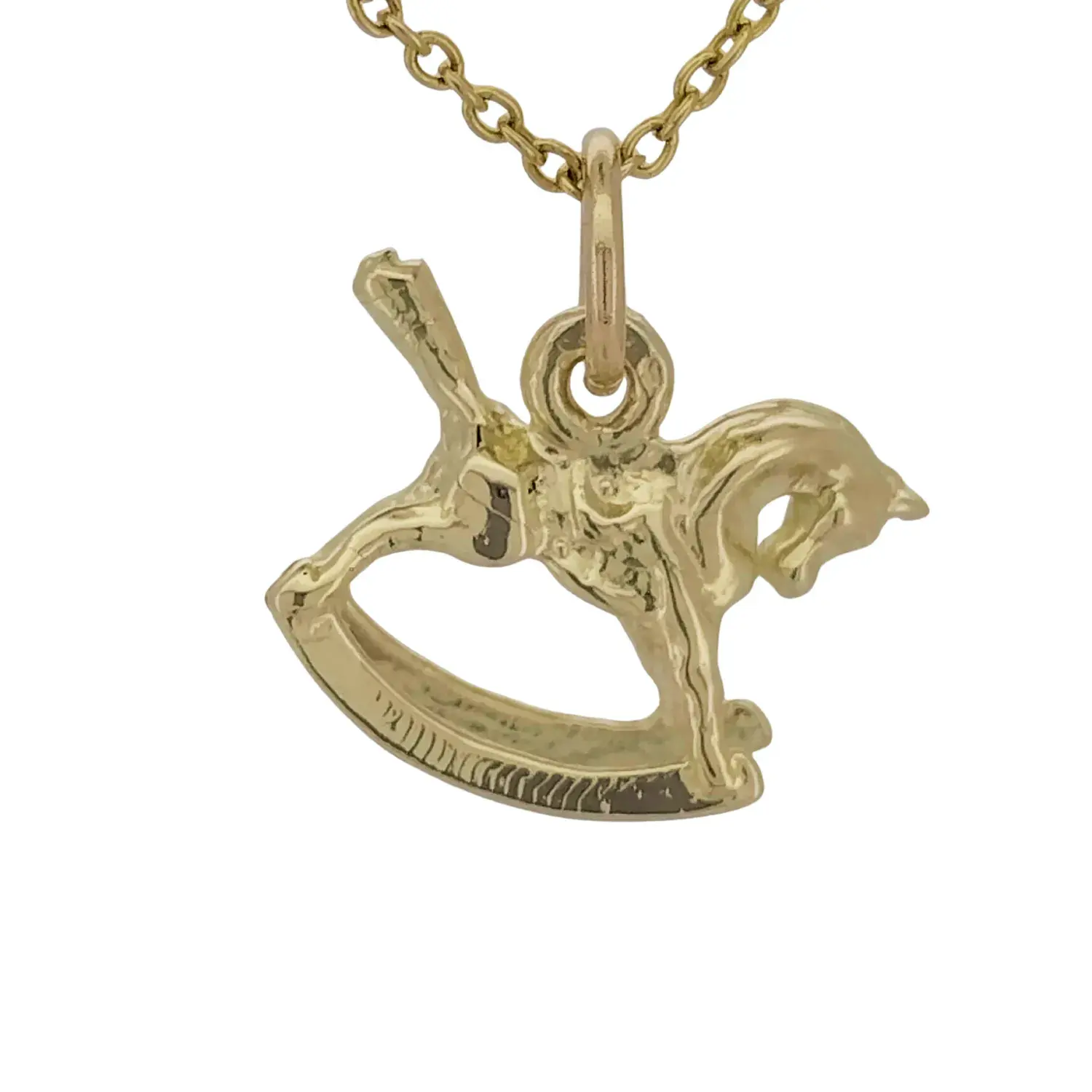 Close-up of 9ct yellow gold rocking horse charm with polished finish